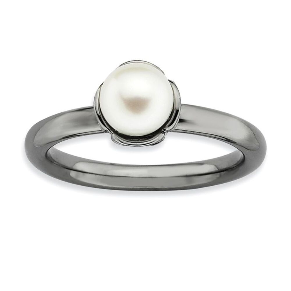 White FW Cultured Pearl & Black-plated Sterling Silver Ring, Size 7